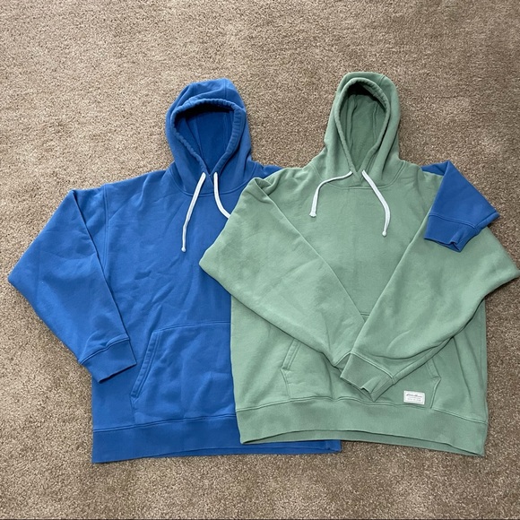 Eddie Bauer Blue & Green Men’s Camp Fleece Pullover Hoodie Size Large